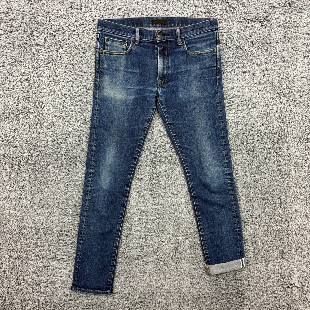 Uniqlo Selvedge Jeans Mens 31x32 Blue Dark Denim Slim Straight Faded Whiskers